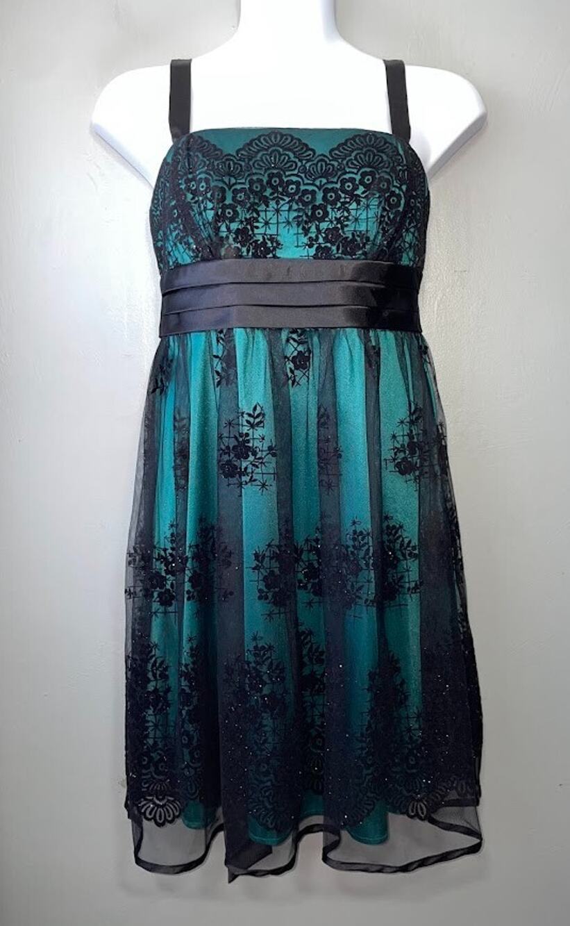 R&M Richards Dress Size 16 Petite Green Black Velvet Babydoll Whimsigoth Fairy